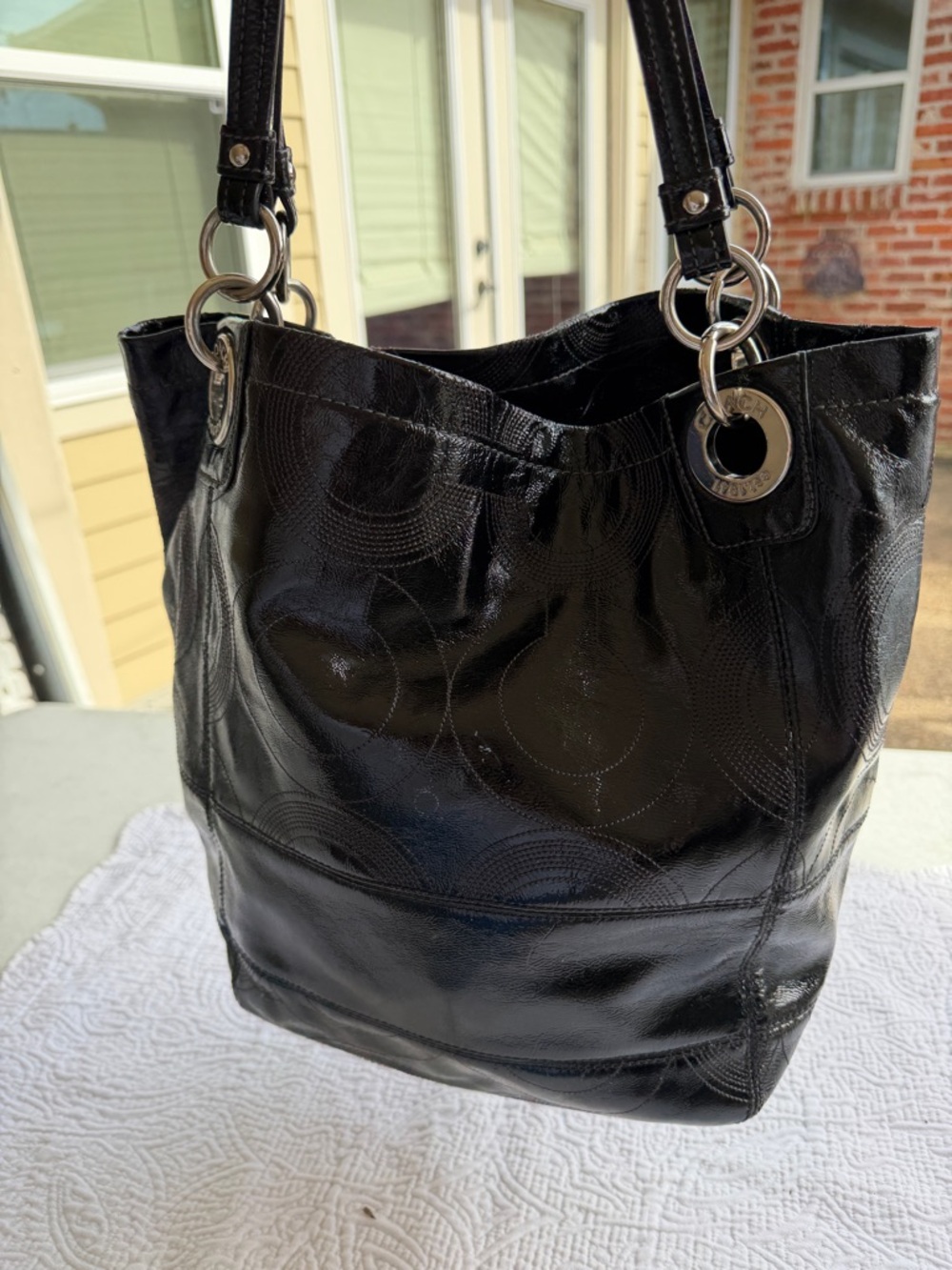 Coach Black Patent Leather Tote with Signature Medallion - Picture 5 of 14